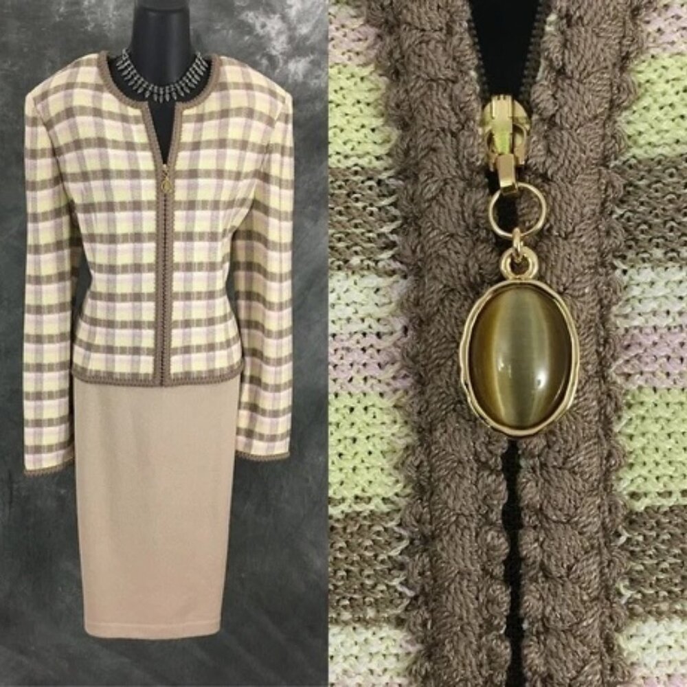 NWT NEW st john collection knit sand beige pink multi jacket skirt suit size 12